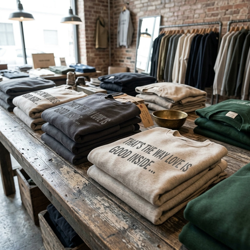 Crewneck Sweatshirt — "That's the Way Love Is / Good Inside" Minimal Text Pullover