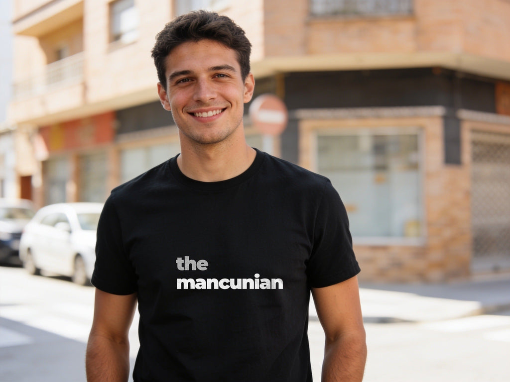 The Mancunian grey and black slogan tee on black, on model