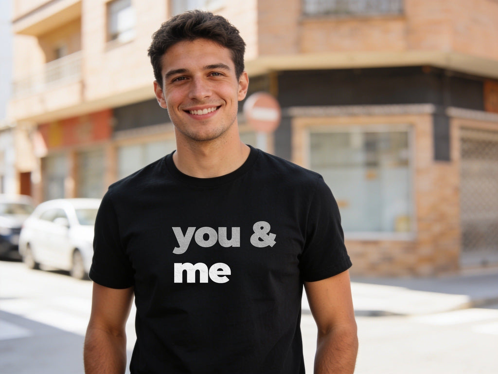 You & Me grey and black slogan tee on black, on model