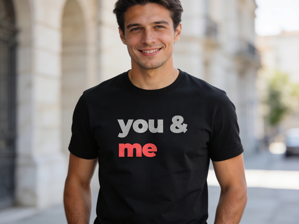 You & Me grey and red slogan tee on black, on model