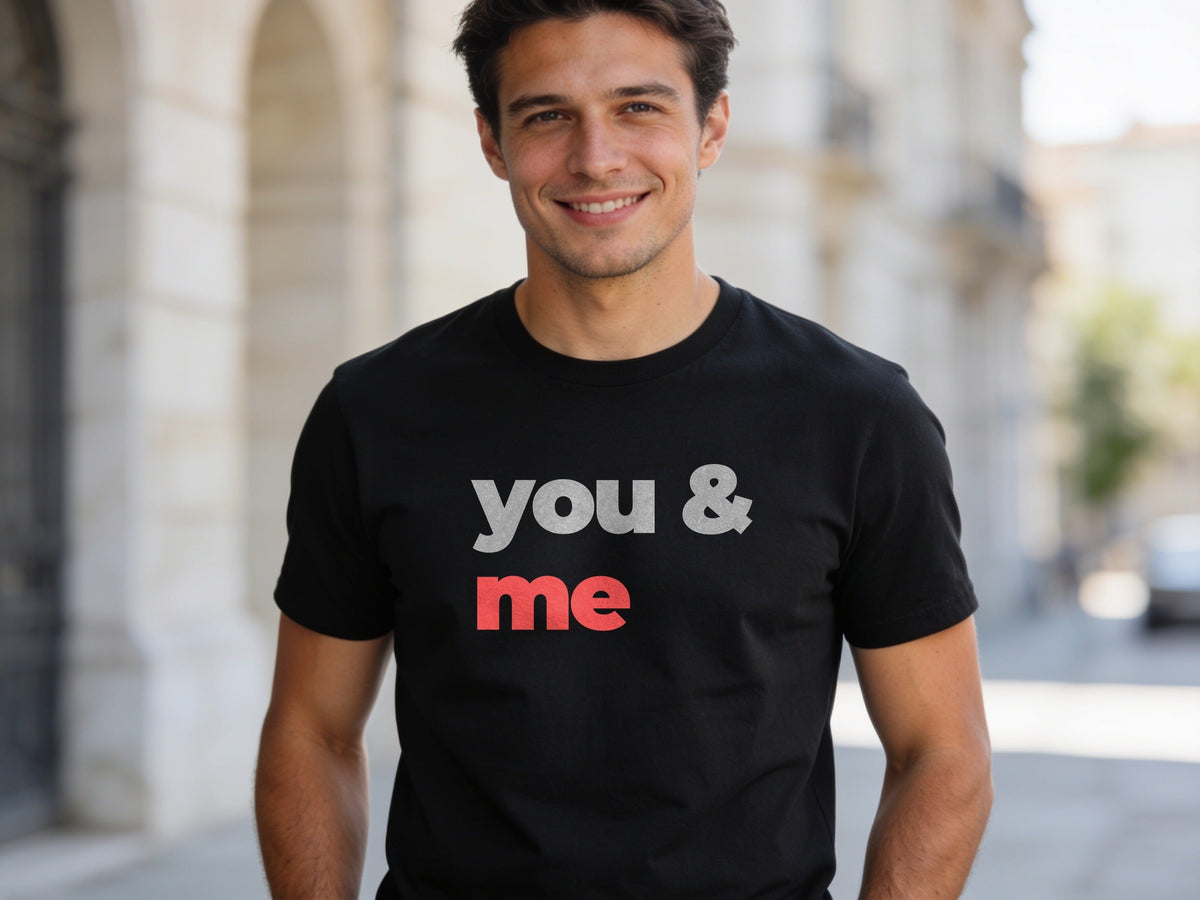 You & Me grey and red slogan tee on black, on model