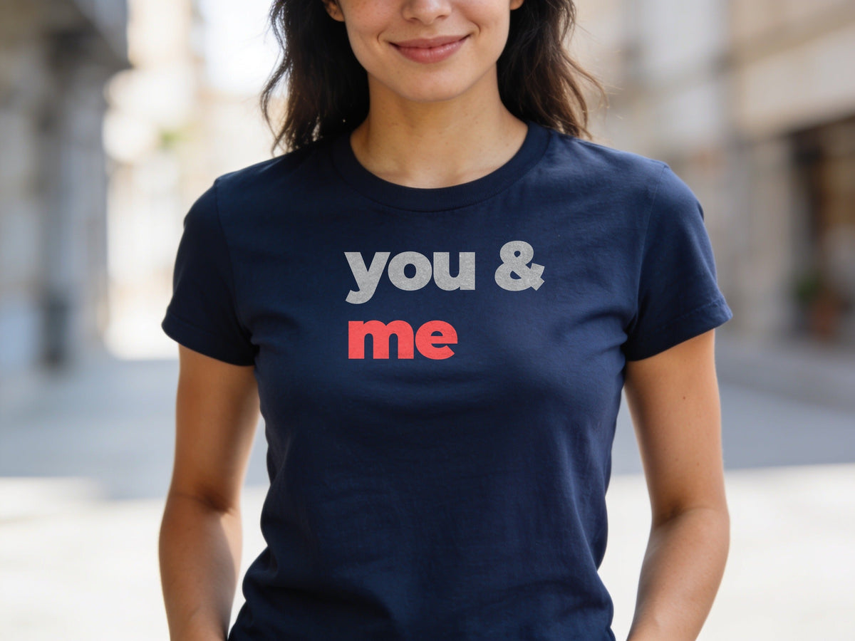 You & Me grey and red slogan tee on model